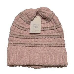 Time and Tru‎ Beanie Pink Lurex Knit Chenille Gold Stripe One Size Girls